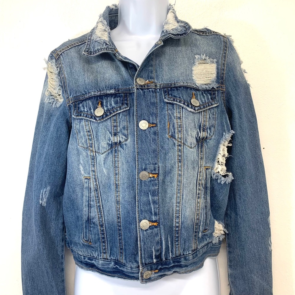 Almost Famous Distressed Denim Jean Trucker‎ Jacket Blue Ripped  Womens S Cotton